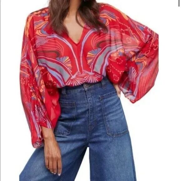 Free People Tops - Free People Boho Red Kimono Sleeve Beneath The Sea Blouse Top S